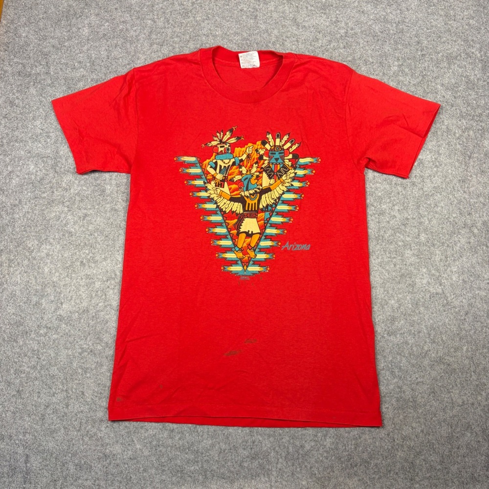 Vintage 1995 Hanes Arizona Native American Graphic T-Shirt Red Medium Single Sti